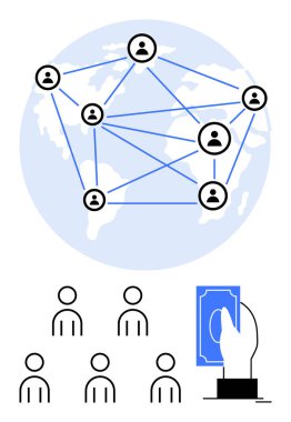 Dünya çapında birbirine bağlı bireyler ağı insan grubunun ve el ele tutuşan para biriminin üzerinde. Küresel ağ, iletişim, dijital ödemeler, ademi merkeziyetçi sistemler, çevrimiçi temalar için ideal