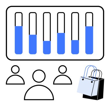 Büyümeyi gösteren beş sütunlu çubuk grafik, üç kullanıcı simgesi ve istiflenmiş alışveriş torbaları. Pazar analizi, alışveriş eğilimleri, müşteri davranışı, veri temsili, iş araştırmaları için ideal