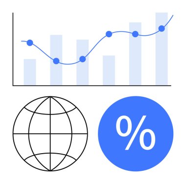 Mavi çizgi eğilimli çubuk grafik, dünya ızgarası, yüzde işareti. Ticari büyüme görselleştirme, mali analiz, küresel istatistikler, ekonomik eğilimler, veri yorumlaması, pazar analizi için ideal