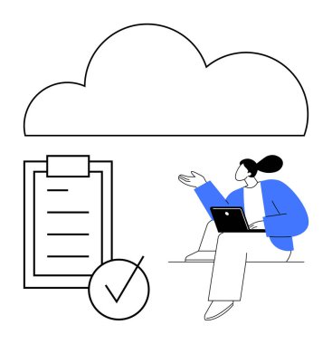 Dizüstü bilgisayar kullanan bir kadın, kontrol listesi ve büyük bir bulutun yanında. Üretkenlik, uzak çalışma, bulut hesaplama, görev örgütü, veri depolama, dijital iş akışları, soyut düz metafor için ideal