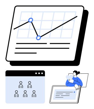 Yükselme eğilimi olan grafikler, sanal takım paneli, çevrimiçi iletişim için tablet kullanan kadınlar. İş büyümesi, takım çalışması, uzaktan çalışma, veri görselleştirme, teknoloji, soyut işbirliği için ideal