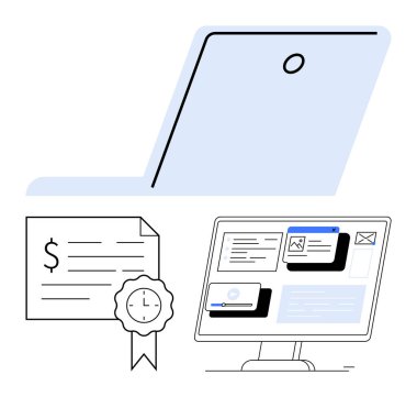 Laptop açılı görünüm, mühürlü sertifika, bilgisayar ekranında çeşitli uygulamalar. Üretkenlik, uzaktan çalışma, dijital belge yönetimi, zaman izleme, teknoloji, çevrimiçi iletişim bürosu için ideal