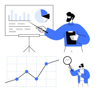 Adam verileri grafik ve pasta grafiğiyle sunuyor, trendleri analiz ediyor, elinde bir pano ve büyüteç tutuyor. İş analitiği, strateji, araştırma, finans, takım çalışması, veri bilimi soyut