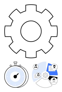 Dişliler süreçleri, kronometre işaretleri zamanı, takım profilli pasta grafiği işbirliğini simgeler. Takım çalışması, proje yönetimi, zaman izleme, verimlilik, iş akışı, işlemler için ideal