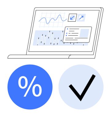 Finansal verileri, grafikleri, yüzdesi ve işaretleme simgelerini içeren dizüstü bilgisayar ekranı. İş analizi için ideal, veri görselleştirme, finans yönetimi, proje izleme, piyasa araştırması, karar