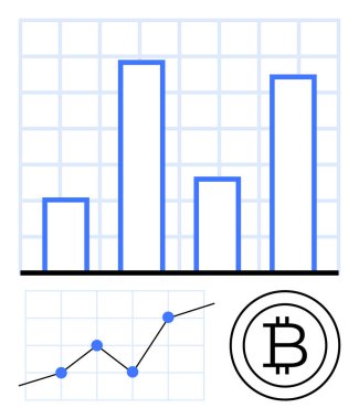 Bitcoins performansını, piyasa analizini ve kripto para birimi büyüme dinamiklerini gösteren çizelge ve çizgi grafiği. Veri analizi, yatırım, ekonomi, finans, blok zinciri, kripto para birimi için ideal