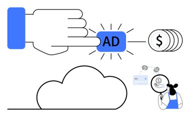 Dijital bir reklam düğmesine tıklayarak gelir sembolleri, bulut çizgisi, veri analiz eden kişi. Dijital pazarlama, çevrimiçi reklam, SEO, finansal büyüme, teknoloji, veri