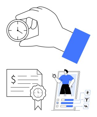 Elinde bir saat, döviz sembolü ve ödül kurdelesi olan bir sertifika akıllı telefondaki fitness uygulaması. Zaman yönetimi için ideal, finansal planlama, fitness izleme, hedef başarı, ödüller