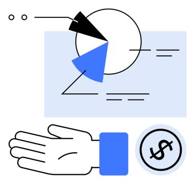 Turta grafiği üç parçaya bölündü. Mavi manşetli el, mavi daireli dolar sembolü, iki nokta. Finansal raporlar, veri analizi, ekonomi, iş sunumları, kurumsal sunumlar için ideal