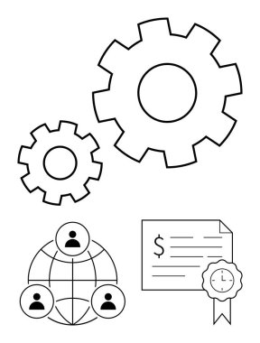 Büyük ve küçük vitesler birbirine kenetlenir, verimliliği ve takım çalışmasını temsil eder. Kullanıcı simgelerine sahip dünya küresel işbirliğini simgeler. Dolar işareti ve saat simgesiyle sertifika onaylandı