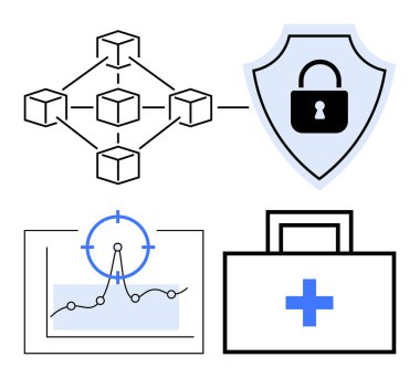 Blockchain ağ diyagramı, kilit simgesi olan kalkan, odak noktası olan analitik grafik ve tıbbi malzeme. Temalar için ideal engelleme zinciri, siber güvenlik, sağlık, veri analizi, teknoloji