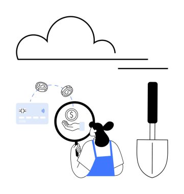 Mavi önlüklü kadın büyüteç kullanarak maddi sorunları inceliyor. Çevresindeki elementler bulut, banka kartı, uçan paralar ve kürek. Finans analizi, bulut hesaplaması ve fintech için ideal