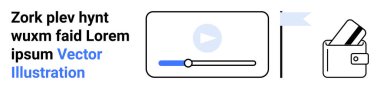Kredi kartlı cüzdan, bir ilerleme çubuğuyla video oynatıcı arayüzü ve bir bayrak simgesi. Fintech, dijital pazarlama, çevrimiçi eğitim, multimedya içeriği, kullanıcı arayüzü tasarımı, finansal