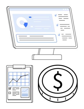Veri analizli bilgisayar ekranı, büyüme çizelgesi ve madeni para simgesi içeren pano. Finans, iş stratejisi, veri analizi, bütçe, ekonomi, yatırım soyut çizgisi için ideal