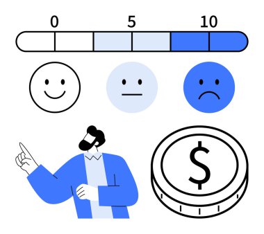 Rating slider with 0-10 scale, smiling, neutral, sad emotions. Businessperson gesturing and coin symbolizing monetary outcomes. Ideal for feedback metrics, surveys, customer satisfaction clipart