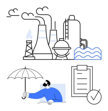 Boruları, bacaları olan bir fabrika ve üzerinde kene izi olan şemsiye listesi tutan bir su deposu işçisi. Endüstri, güvenlik, uyum, çevre, yönetim, korunma için ideal düz çizgi metaforu