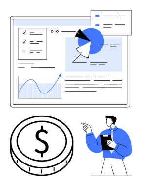 Finans verileri, pasta grafikleri ve ekrana yansıyan çizgi grafikleri parasal büyümeyi vurguluyor. Finans, iş stratejisi, danışmanlık, analitik, para yönetimi için ideal