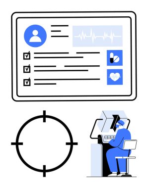 Tıbbi uzman, kişisel bilgiler, sağlık ölçümleri ve tıbbi simgeler de dahil olmak üzere dijital ekranda gösterilen hasta verilerine odaklanıyor. Sağlık, teletıp, veri analizi için ideal