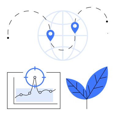 Yer işaretleyicili dünya, hedefli çizgi çizelgesi ve doğayı sembolize eden yaprak. Küresel bağlantı, veri izleme, planlama, sürdürülebilirlik, büyüme, analitik soyut çizgi için ideal