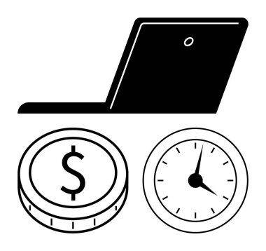 Minimalist dizüstü bilgisayar, dolar işareti olan bozuk para ve dijital işi, finansal yönetimi ve zaman verimliliğini simgeleyen saat. İş, teknoloji, üretkenlik, zaman ekonomisi girişimleri finanse etmek için ideal