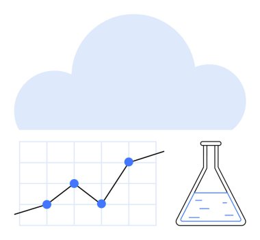 Bulut arkaplanı, veri göstergeli çizgi grafiği, sıvılı laboratuvar şişesi. Teknoloji, veri bilimi, yenilik, bulut hizmetleri, araştırma, analitik STEM soyut çizgi düz metaforu için idealdir
