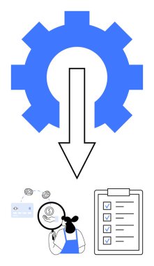 Aşağı doğru ok atan teçhizat optimizasyonu, büyüteçle finans analizi yapan kadın, kontrol listeli pano. İş süreçleri, verimlilik, mali gözden geçirme, görev yönetimi için ideal