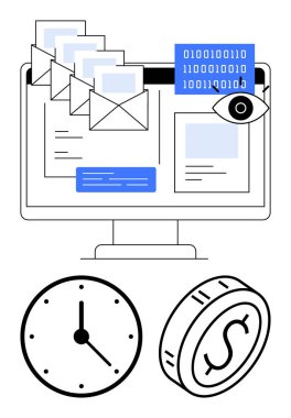 E- postaları olan bilgisayar monitörü, ikili kod ve veri izleme için bir göz. Saat ve para zaman ve parayı temsil eder. E- posta pazarlama, veri gizliliği, analitik, verimlilik ve izleme için ideal