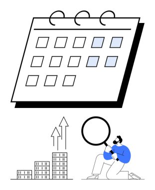 Vurgulanmış tarihli takvim, yükselen oklarla çizelge, büyüteç kullanarak analiz yapan kişi. Zamanlama, üretkenlik, strateji, planlama, analitik, büyüme soyut çizgisi için ideal