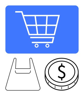 Mavi alışveriş arabası, plastik çanta taslağı, dolar işaretli paralar perakende satış, e-ticaret. Çevrimiçi alışveriş, ödeme sistemleri, tüketici alışkanlıkları, maliyet tasarrufu, satış perakende uygulamaları için ideal soyut
