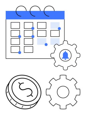 Tarihlerde noktalı takvim, alarm zilli teçhizat, düz vites ve dolar bozuk para. Zamanlama, proje yönetimi, ayarlar, finansal planlama, üretkenlik anımsatıcıları için ideal