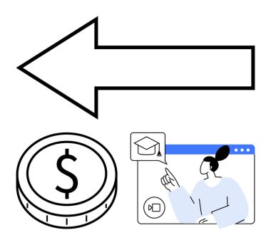 Solak ok neredeyse dolar değerinde ve online öğrenci mezuniyet şapkasını işaret ediyor. Çevrimiçi öğrenim, mali büyüme, kariyer planlaması, eğitim erişimi, kişisel gelişim, mali gelişim kavramları için ideal