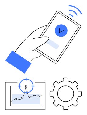 Doğrulama işaretli akıllı telefon. Eşlik edecek unsurlar arasında bir analiz çizelgesi ve süreç optimizasyonu için teçhizat yer alıyor. Teknolojik çözümler, yenilik, veri analizi ve sistem için ideal