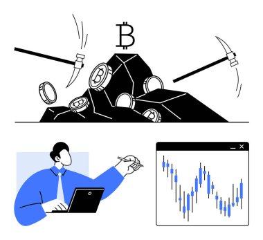 Adam dizüstü bilgisayar kullanıyor, pazar grafiğini analiz ediyor, bozuk para yığınının yanında Bitcoin çıkartıyor, kripto para eğilimlerini gösteriyor. Finansal analiz, dijital para birimi ve engelleme teknolojisi için ideal