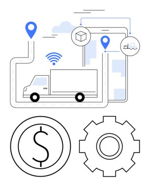 Harita rotasında GPS pimleri, dolar işareti ve lojistik, ekonomi, nakliye, GPS teknolojisi, tedarik zinciri, iş stratejisi, yenilik ve soyut düz metaforu temsil eden teçhizatlı bir kamyon.