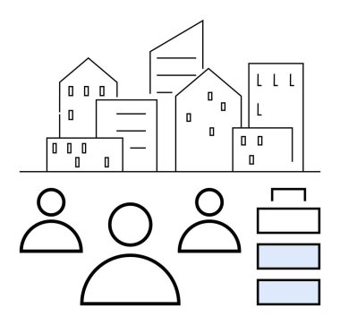 Minimalist şehir manzarası, çeşitli modern binalar, üç kişi ikonu ve organizasyonel unsurlar. Kentsel planlama, takım çalışması, konut, iş stratejisi, mimari, toplumsal yapı için ideal