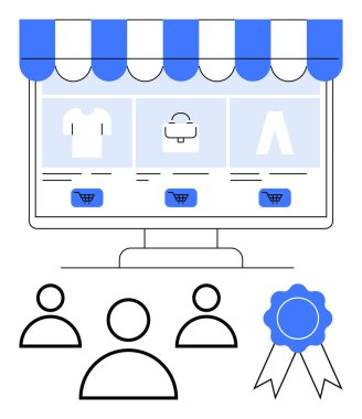 Alışveriş simgeleri, ürün şebekesi, ödül rozeti ve kullanıcı figürleri olan bir masaüstü mağazası. E-ticaret, perakende, pazarlama, alışveriş deneyimi, soyut çizgi markalaştırma çevrimiçi hizmetler için ideal