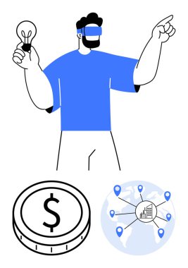 Ampul fikri olan VR kulaklık takan bir adam, finans için bir dolar para ve yer düğümlü küresel harita. Yenilik, teknoloji, sanal gerçeklik, iş dünyası, küresel ticaret ve ekonomi için ideal