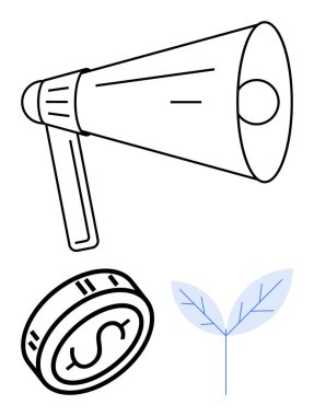 Saplı megafon, bozuk para ve yaprak. Pazarlama, reklam, finans ekonomisi iş sürdürülebilirliği artışı için idealdir. Çizgi benzetmesi. Çizgi benzetmesi. Basit satır simgeleri