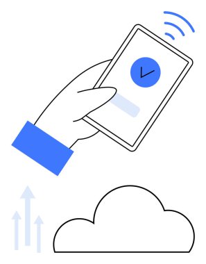 Mavi işaretli ve kablosuz sinyalli akıllı telefonu yukarı doğru oklu bir bulutun üstünde tutarak. Teknoloji için ideal, bulut hesaplama, veri yükleme, güvenlik, mobil uygulamalar, bağlantı, çevrimiçi