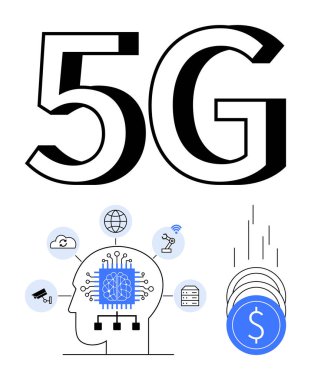 Beyin ve yapay zeka çipli 5G metni çeşitli simgelere bağlı. Bulut, dünya ve robotik kol yukarı, bozuk paralar aşağı düşüyor. Teknoloji için ideal, yapay zeka, otomasyon, ağ oluşturma, 5G finansal büyüme dijital