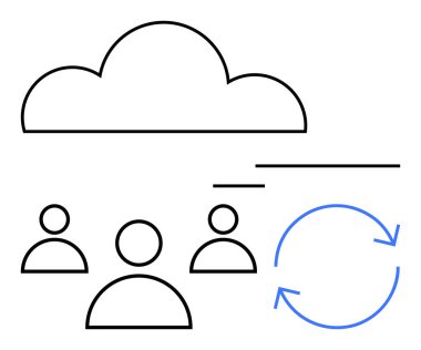 Çizgilerle birbirine bağlı üç kişinin üzerindeki bulut, süreç döngülerini gösteren mavi dairesel bir ok eşliğinde. Takım çalışması, bulut hesaplama, iş akışı, iletişim, bağlantı için ideal
