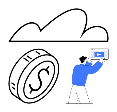 Bir madeni paranın üzerindeki bulut elemanı ve bir medya dosya simgesi tutan, online finans, bulut depolama ve dijital paylaşımı temsil eden bir kişi. Fintech, medya, teknoloji ve yenilik temaları için ideal. Düz