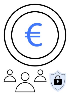 Euro işareti çevrildi, asma kilitli güvenlik kalkanı ve kullanıcı simgeleri. Finans, çevrimiçi bankacılık, güvenlik, dijital ödemeler, parasal sistemler, kullanıcı mahremiyeti soyut çizgisi düz metafor için ideal