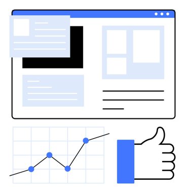 Web sitesi düzeni kablo düzenleme, artan analitik grafik, ve başparmak kaldırma simgesi. Pazarlama, web analizi, sosyal medya büyümesi, iş ölçümleri, kullanıcı arayüzü tasarımı, soyut çizginin takibi için ideal