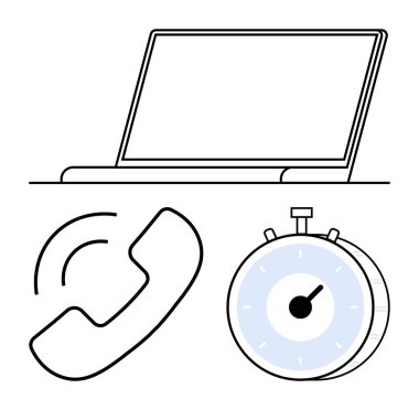 Dizüstü bilgisayar, ses dalgalı telefon ve kronometre bağlantıyı, zaman verimliliğini ve birden fazla işi yakalıyor. İş, iletişim, uzak çalışma, son teslim tarihleri verimlilik araçları iş hayatı için ideal