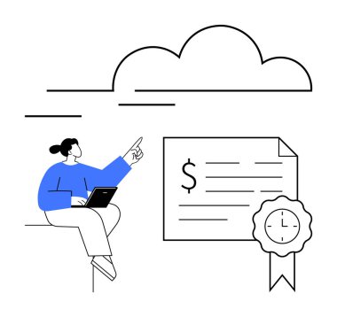 Dizüstü bilgisayarda çalışan bir kadın, dolar işareti ve kurdeleyle sertifikanın üstündeki bulutu işaret ediyor. Eğitim için ideal, çevrimiçi öğrenim, bulut depolama, mali başarı, sertifika süreci, dijital