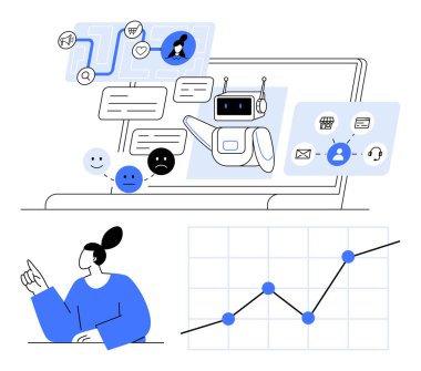 Yapay zeka sohbet robotlu dizüstü bilgisayar ekranı, konuşma baloncukları, ruh hali simgeleri, kullanıcı arayüzü elemanları ve grafikleri. Teknoloji, yapay zeka, iletişim, analitik müşteri destek kullanıcı deneyimi için idealdir.