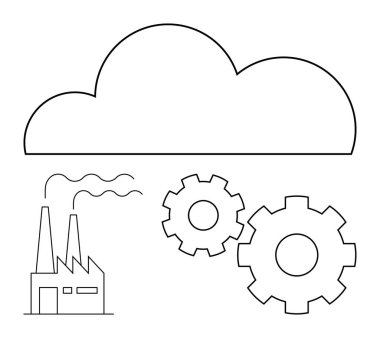 Bacaları duman çıkaran, birbirine kenetlenmiş iki vites ve tepesinde büyük bir bulut olan bir fabrika. Endüstriyel otomasyon, üretim, akıllı fabrikalar, bulut hesaplama, teknoloji entegrasyonu için ideal