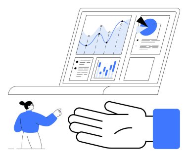 Çizelgeleri, grafikleri ve istatistiksel verileri gösteren bilgisayar ekranı. Mavi noktalı kişi büyük bir el hareketinin yanında ekranı işaret ediyor. İş için ideal, veri analizi, sunumlar, takım çalışması