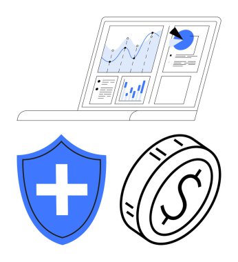 Veri tabanlı dizüstü bilgisayar, sağlık haçlı kalkan ve madeni para illüstrasyonu. Finans, sigorta, sağlık, teknoloji, yatırımlar, ekonomik güvenlik analizi için idealdir. Soyut satır düzlüğü